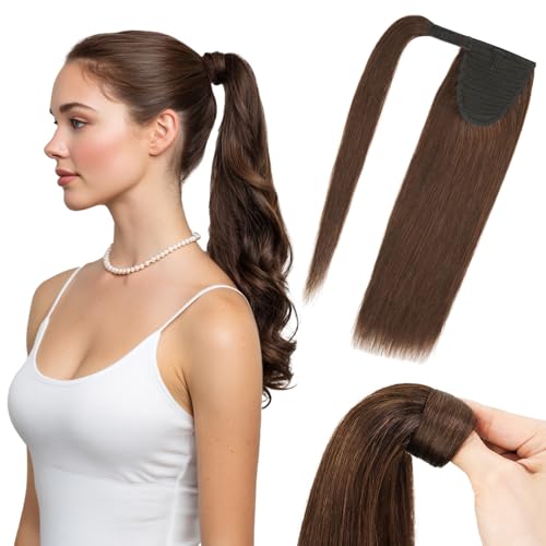 MY LADY Coleta Postiza Pelo Natural   35cm Extensiones de Cabello Cola Humano   Postizos de Pelo Natural Ponytail Extensiones de Cabello Liso #02 Marrón Oscuro 80g
