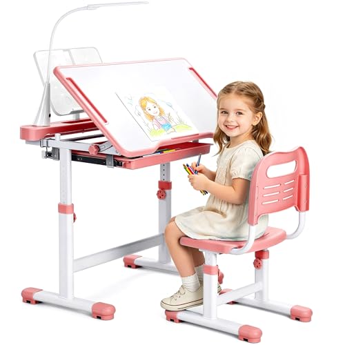 Rengue Kids Desk and Chair Set Height Adjustable Children School Functional Study Desk with 55 Tiltable Desktop 3 Modes & Brightness LED Light Storage Drawer & Metal Hook for Boys Girls (Pink)
