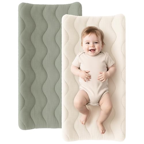 Image of Konssy Waterproof Muslin Changing Pad Cover 2 Pack, 100% Cotton Quilted Diaper Changing Table Sheets, Soft Breathable Boho Nursery Bedding for Baby, Silent & Absorbent Standard Fit (Fog Green,Cream)
