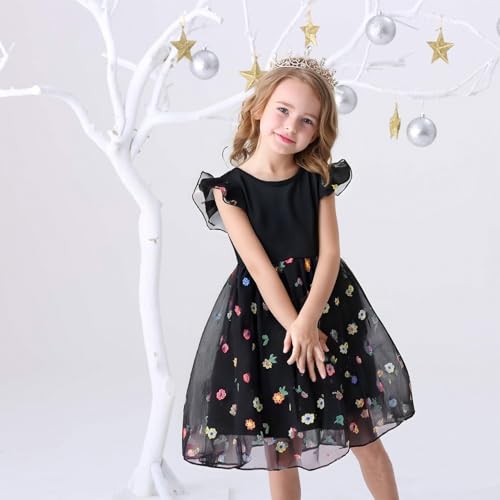 2-6T Girls Casual Dress Layered Tulle Skirt, Toddler Summer Flutter Sleeve, Embroidered Mesh with Sunscreen Sleeves2