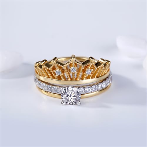 Jeulia 2 Carat Crown 925 Sterling Silver Ring For Women Crown Two Tone Round Cut Wedding Ring Sets Gold Plated Wedding Band Cubic Zirconia Engagement Ring Anniversary Promise with Jewelry Box2