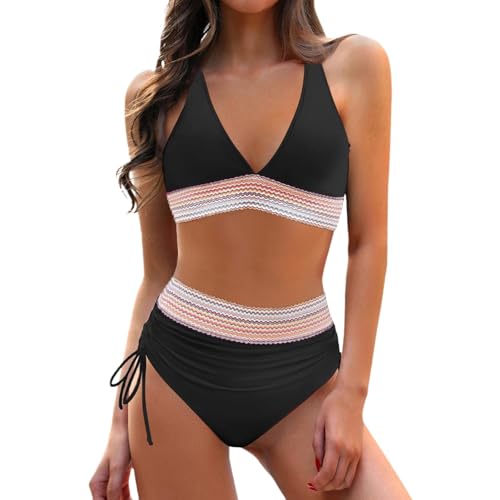 Generisch Bikini Damen Set Sexy Badeanzug Bikini-Sets Hohe Taille Farbblock Zweiteiliger Kordelzug Badeanzüge Bikinis Swimsuit