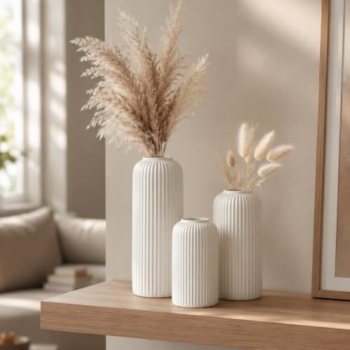 Image of KREATIVE ART'S White Flower Vase for Living Room | Ceramic Vase for Home Decor | Home Decoration Items for Living Room & Hall | White Ceramic Vase Set of 3