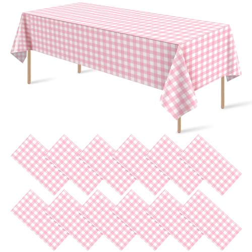 Image of 12Pack Pink and White Plastic Checkered Tablecloth, Premium Decorative Disposable Pink Gingham Plaid Table Cloths for Parties, Rectangle Party Table Cover for Picnic Farm Birthday Wedding, 54x108 Inch