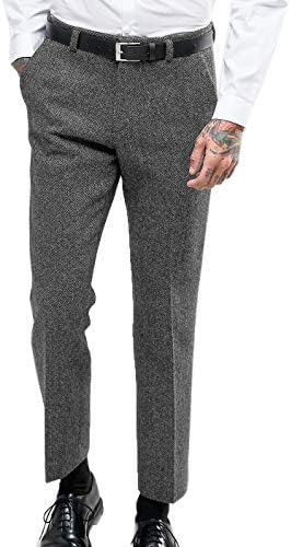HSLS Men's Vintage Herringbone Dress Suit Pants Thick Wool Flat Front Tweed Trousers