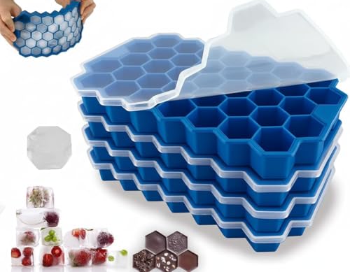 Image of CLOUDVALLEY 4 Pack Silicone Ice Cube Trays with Lid Easy-Release Hexagon Ice Maker for Freezer, Reusable Food-Grade Ice Molds for Cocktails, Whiskey, Iced Coffee, Smoothies & Home Bar (Blue)