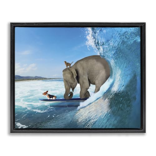 Surfing Elephant Cat Dog Ocean Waves, 16 x 20 Inch Canvas in Floater Frame