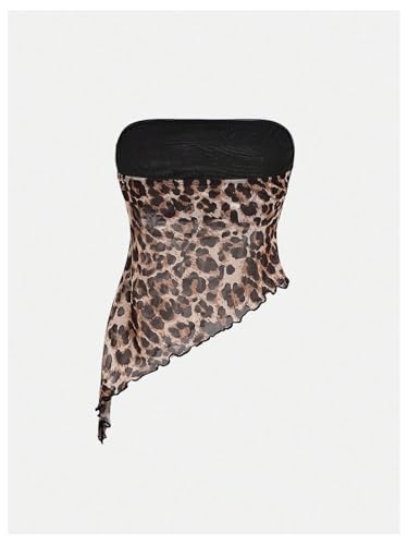 WDIRARA Girl's Leopard Print Ruched Bandeau Top Asymmetrical Hem Strapless Tube Tops2