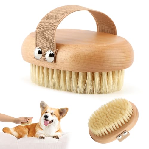 Soft Boar Bristle Pet Palm Brush for Short Haired Dogs and Cats, Ergonomic Pet Brush with Band, Natural Bristle Grooming Brus-h for Gentle Massage/Reduces Shedding(COLOR:Wood)