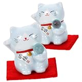 VALICLUD 2 Piezas Estatua de Gato de Cerámica de Adorno de Escritorio Decoración de Gato de Suerte para Hogar y Oficina Figura Color Azul