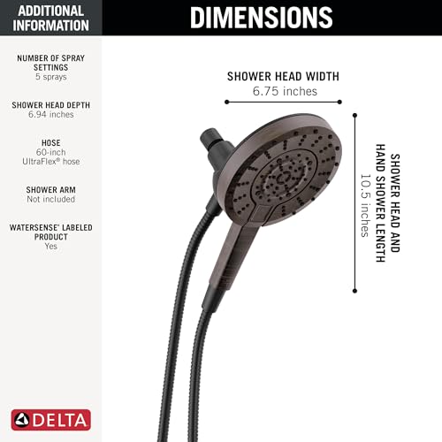 Image of Delta 5-Setting In2ition 2-in-1 Dual Shower Head with Handheld High Pressure ProClean Spray, Oil Rubbed Bronze Detachable Shower Head with Hose, 1.75 GPM Flow Rate, Venetian Bronze 75548RB