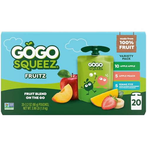 Image of GoGo squeeZ No Sugar Added Applesauce and Fruit Puree Variety Pack, Apple, Peach & Gimme Five!, 3.2 oz Pouches (Pack of 20), Fruit Snacks for Kids, Gluten Free, Nut Free, Recloseable Cap, BPA Free