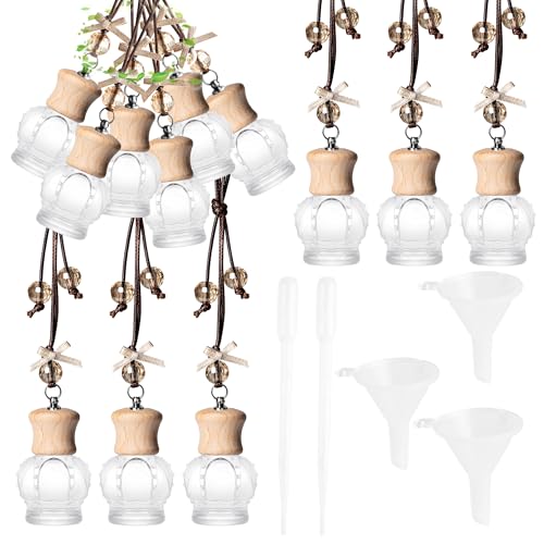 GTWYGT 6 Pack Leak-Proof Hanging Car Diffuser - 8ml Refillable Empty Bottles with Wood Caps, 3 Funnels & 2 Droppers - Essential Oil Air Freshener for Car, Home or Office (6, Crown)