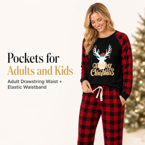 Image of IFFEI Matching Family Pajamas Sets Christmas PJ's with Letter and Plaid Printed Long Sleeve Tee and Bottom Loungewear