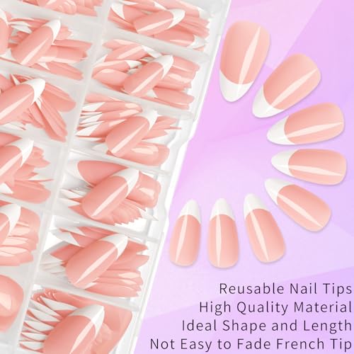 Lifextol 216PC White French Tip Press on Nails Medium Fake Nails Press ons with 10*Adhesive Tabs, Pink Almond Acrylic Nail Press on Nails French Tip Nails False Artificial Fingernails Stick on Nails