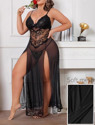 Image of Alrovetoney Plus Size Lingerie For Women Babydoll Sexy Mesh Maxi Nightdress Exotic Sleepwear Side Slits