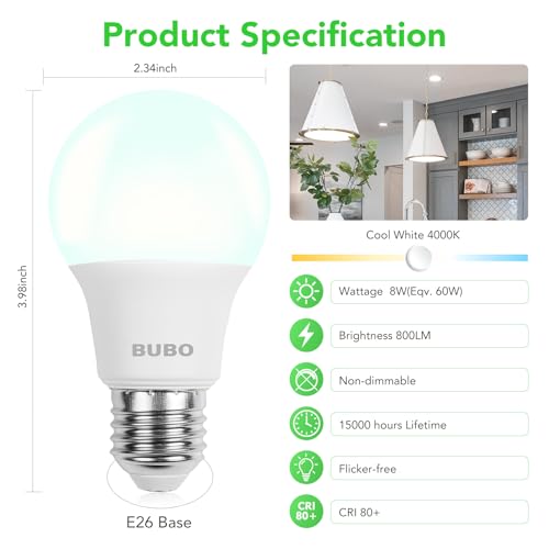 Image of BUBO A19 LED Light Bulbs, 60 Watt Equivalent LED Bulbs, Cool White 4000K, 800 Lumens, E26 Standard Base, Non-Dimmable, 8W Cool White LED Bulbs for Bedroom Living Room Home Office, 24 Pack