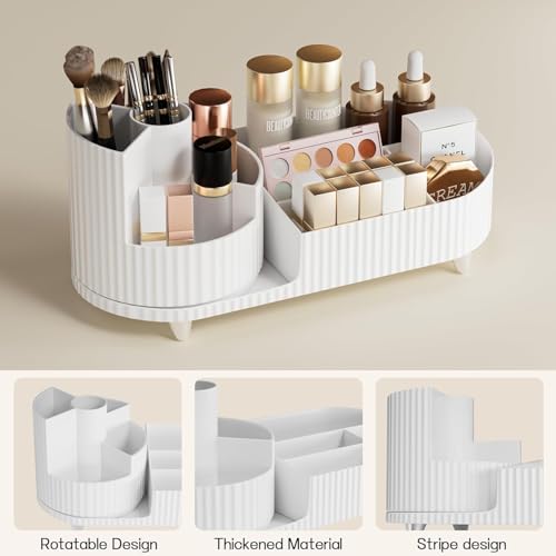 Image of Oslen 360 Rotating Makeup Brush Holder Organizer with Drawers | Premium Large Makeup Organizer for Vanity, Bathroom & Desktop | Skincare, Cosmetics & Accessories Storage Box (White)