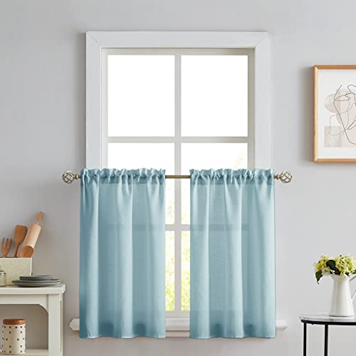 Melodieux - 2 cortinas semitransparentes azules de 114 cm para cocina, cafetería, dormitorio y ventanas pequeñas, con textura de lino, cortas, con dobladillo para barra.