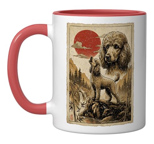 Poodle Howling Vintage Ukiyo-e Japanese Art Ceramic Mug, Red/White