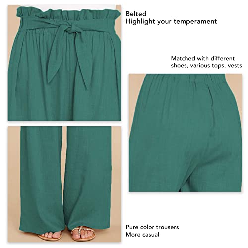 Cocoarm Women Wide Leg Casual Pants Elegant Long Lounge Palazzo with Belt Straight Loose(L-Green)4
