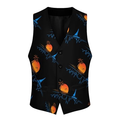 Heartbeat with Sailboat Tropical Palm Trees Mens Slim Fit Suit Vest Dress Waistcoat Casual Business Vest4