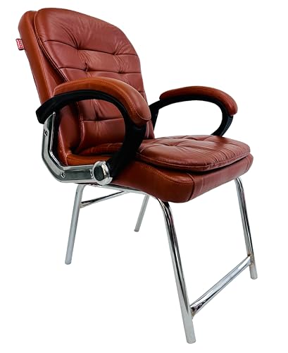 Image of Stainless Steel Special Director Principal Manager Office Visitor Study Chair with Arm Rest with Double Pipe Frame and Cushioned Seat Back (4, Brown, H Frame)