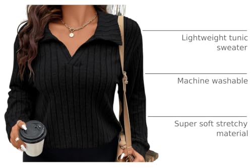 Image of Koscacy Women Plus Size Casual Knit Sweater Lapel V Neck Solid Color Tops Lightweight Long Sleeve Blouses