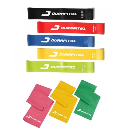 Image of Durafit91 Resistance Bands Combo - Booty Bands Set of 5 (Extra Light to Extra Heavy) & Yoga Resistance Bands Set of 3, Natural Rubber Exercise Bands for Workout, Pilates, Home Gym, Strength Training