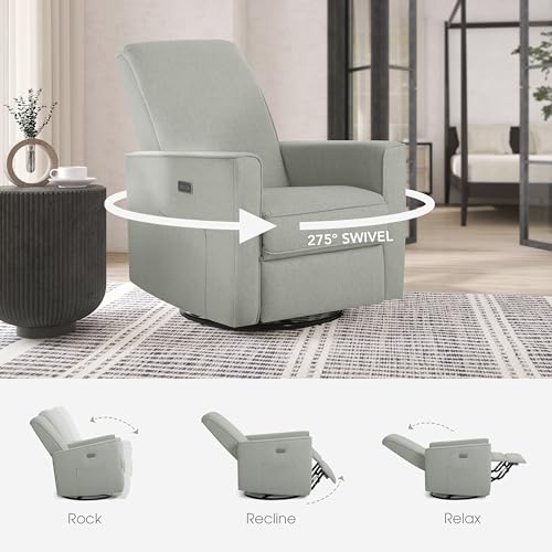 Image of evolur Harlow Upholstered Power Glider Recliner with USB Charging - Rocking & 275 Swivel with Smooth Glide - Greenguard Gold & FSC Certified - Modern Nursery and Living Room Chair in Light Grey