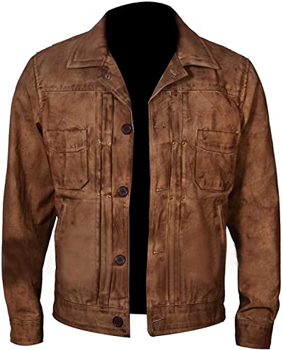 Hide & Seek Men's Vintage Waxed Brown Cowboy Western Fashion Trucker Shirt Collar Classic Retro Leather Jacket2