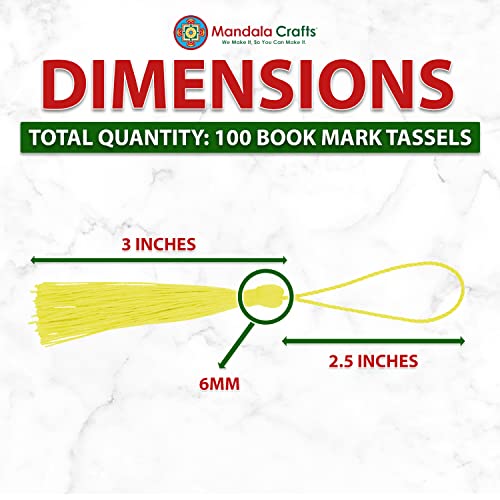 Image of Mandala Crafts Small Yellow Bookmark Tassels - 100 Bulk Silky Mini Craft Tassels with Loops for Bookmarks, Jewelry Making, Graduation Decorations, and Keychains