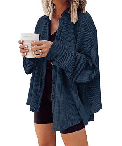 Image of ebossy Womens Long Batwing Sleeve Splicing Cardigan Lightweight Waffle Textured Boyfriend Shirt Jacket Shacket