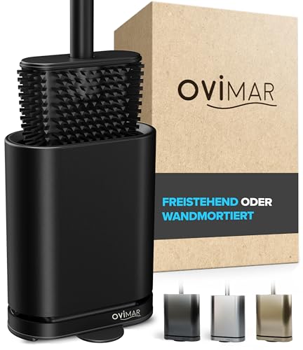 ovimar Escobillero Abeloya | Negro | Escobilla de baño de Silicona | Escobilla de baño con ventilación | Acero Inoxidable | Bandeja de Goteo extraíble | sólo 6 cm de Ancho | Montaje en Pared Opcional