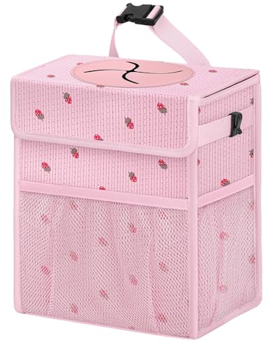 HORJONES Corduroy Car Trash Can with Lid and Mesh Pockets - Leakproof Organizer Multipurpose Waterproof Garbage Can/Trash Bin for Car(Pink Base with Red Strawberry Print -2 Gallons)