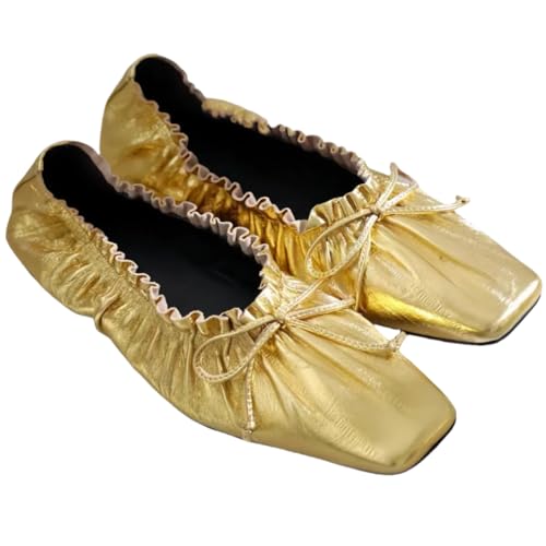 Elegant Slip-on Flats for Women with Bow-Strap Soft-Faced Genuine Leather Squared-Toe Low-Cut Ballet Style Shoes Comfortable & Stylish