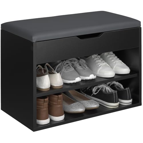 TecTake® Zapatero Madera con Cojín Extraíble, Estanteria Zapatero Ajustable, Mueble Entrada Recibidor, Organizador Zapatos, Banco Madera para Guardar Zapatos - Negro