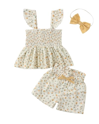 Image of Mioglrie Toddler Baby Girl Summer Clothes Infant Spring Outfits Ruffle Sleeveless Shirt Baby Shorts Headband Clothing Set