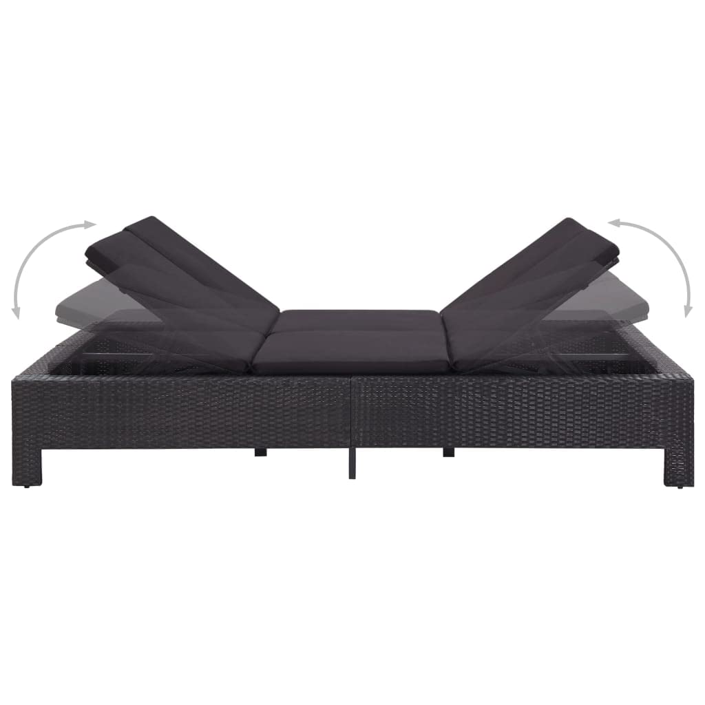 Leżak do opalania dla 2 osób, czarny rattan PE, 220 x 130 x 35 cm, malowany proszkowo stalowy stelaż, regulowany, do ogrodu, na balkon, taras, basen