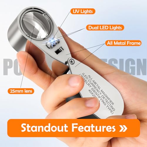 Image of Leffis 40X Jewelers Loupe Magnifier Magnifying Glasses, LED /UV Illuminated Jewelry Loop Pocket Folding Magnifying Glass with Metal Construction for Close Work, Gardening, Kids, Stamp, Rock Collecting