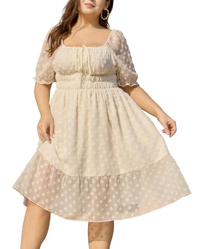 Image of 2025 Women Summer Plus Size Dresses Swiss Dot Puff Sleeve Square Neck Smocked Beach Vacation Flowy Tiered Dress