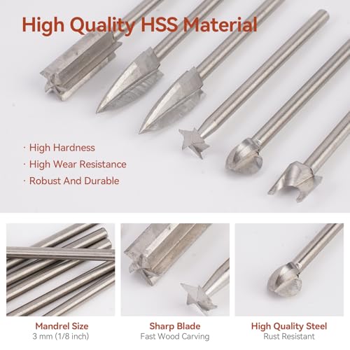 6 Stück HSS-Gravierwerkzeug, Holzschnitzerei Bohrer Set Für Rotary Tool, Gravierbohrer Holz, 3mm Schaft Holz Fräser Set, Holz Gravierbohrer Schnitzmesser Set, für DIY Schnitzen, Bohren, Mikroskulptur