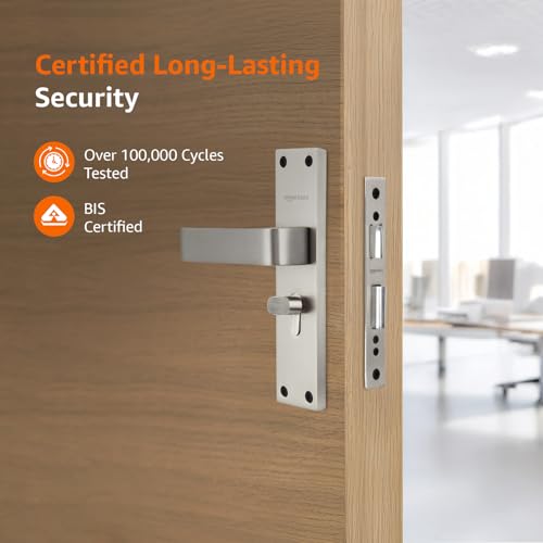 Image of Amazon Basics Heavy-Duty Door Lock Set | Mortise Door Lock Handlesets with 3 Brass Key for Home,Office,Hotel | Brass Lock Body & Cylinder | Silver