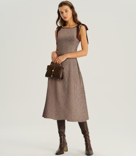 Image of RIHOAS Women's Plaid Gingham Dress Summer Midi Dresses for Women 2026 | Cute,Boat Neck,Bow Tie,A line,Vintage,Sleeveless,Spring,Winter,Casual Daily,Picnic,Travel,Vacation,Christmas Festive Occasion