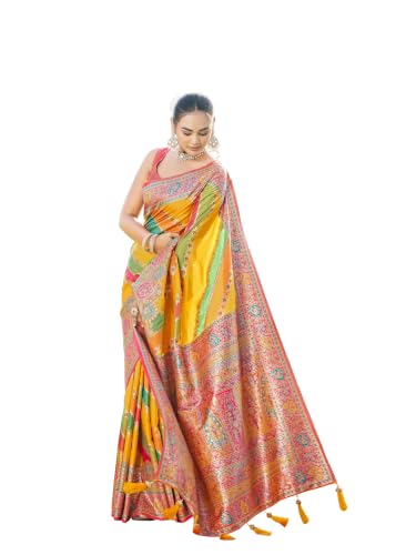 MANOHARI Mustard Yellow & Green Silk Blend Banarasi Jacquard Woven Saree with Rich Zari Border, Paisley Pallu