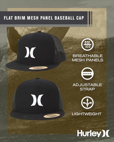 Image of Hurley Men's Caps - Flat Brim Mesh Panel Baseball Cap Trucker Hat - Snap Back Hats for Men