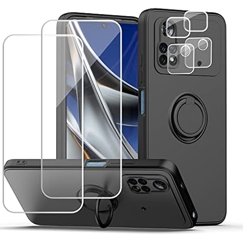 Esakycn for Xiaomi Poco M4 Pro 4G Case, Phone Case with 2 Pack Screen Protector and Camera Lens Protector, Silicone with 360 Kickstand Ring Holder Magnetic Car Mount for Poco M4 Pro 4G 6.43", Black Cover