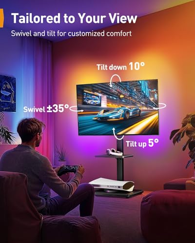 Image of Perlegear Floor TV Stand with LED Lights for 34-75 inch TVs up to 110 lbs, Max VESA 600x400mm, Swivel, Tilt, 12 Height Levels, TV Backlights with Music Sync, Solid Wood Base, PGFS21B