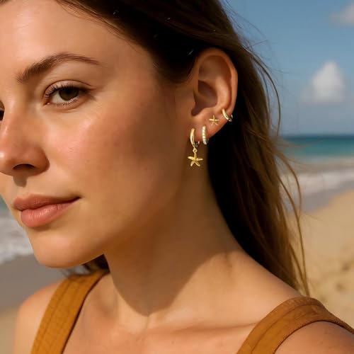 Image of Small Gold Huggie Hoop Earrings Set for Women Men Hypoallergenic 14K Plated Stack Cartilage Earrings, Sterling Silver Multiple Piercing Lightweight Mini Thin Cute Dainty Trendy Jewelry Gifts for Women