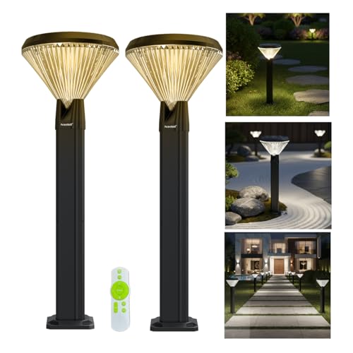 Image of hardoll Solar Gate & Garden Outdoor Lights for Home 8800mAh Battery, IP65 Waterproof, 64 LEDs, 3 Color Modes (Warm /Cool /Neutral), Remote Controlled, Round Shaped Pillar Lamps with Pole(Pack of 2)